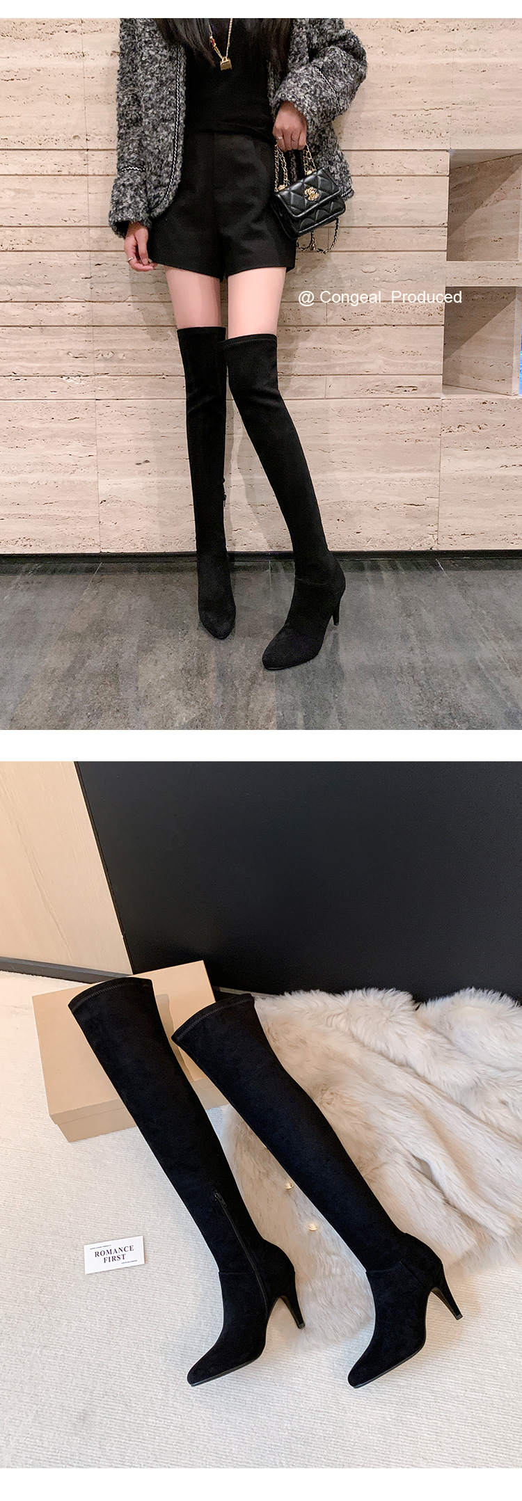 Boot nữ cổ cao trên gối mũi nhọn gót cao 9 cm chất da lộn co giãn — Lớp lót nhung tiêu chuẩn màu đen trên đầu gối, Lớp lót nhung lớn màu mơ trên đầu gối, Giày bốt cao cấp lót nhung tiêu chuẩn màu mơ, Lớp lót nhung đen trên đầu gối chi tiết 26