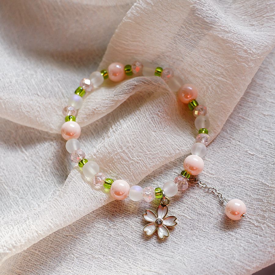 thumbnail image 1 of 2022 primavera y verano nueva pulsera de flor de cerezo con cuentas de cristal populares japonesas y coreanas pulsera de perlas rosa degradado literario y artístico simple 676B blanco, 1 of 2