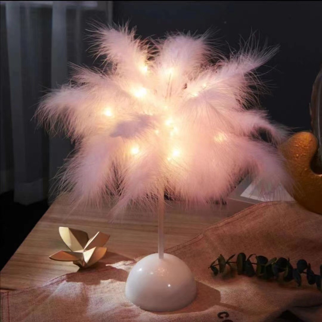 창조적 인 LED 깃털 램프 생일 선물 그물 붉은 장식 밤 빛 침실 침대 옆 깃털 테이블 램프