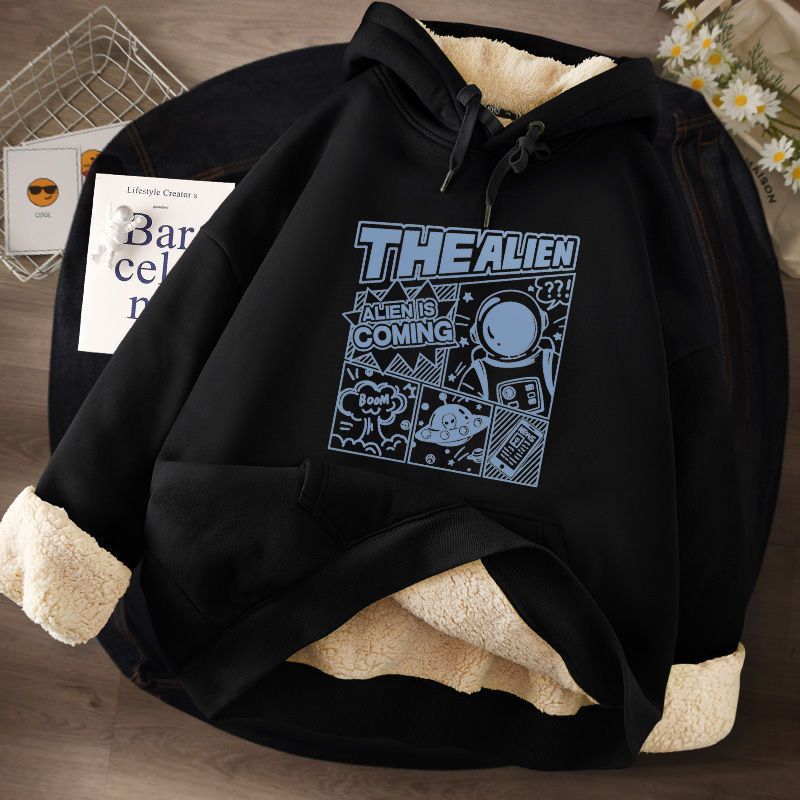 Damenbekleidung Plüsch-Sweatshirt für Herren im Herbst und Winter, dick, locker, große Lammfelljacke mit Kapuze, Oberteile für Herren_voghion.com