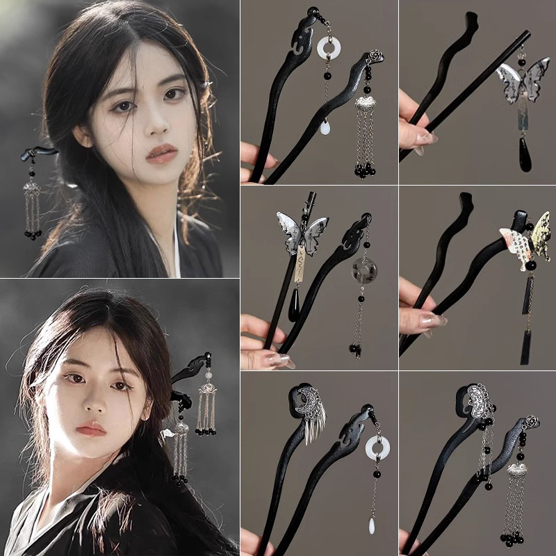 Pinzas de cabello de madera de madera negra antiguo estilo femenino de alta calidad nuevo estilo chino bordilla de cabello de cabello de caballo de estilo Hanfu paso de caballo de cabeza de falda