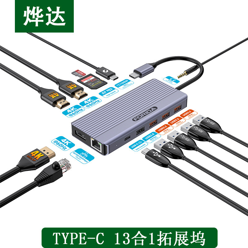 13-in-1 USB C Hub Dual 4K@60Hz Docking Station Displayport Pd100W10Gbps Hub