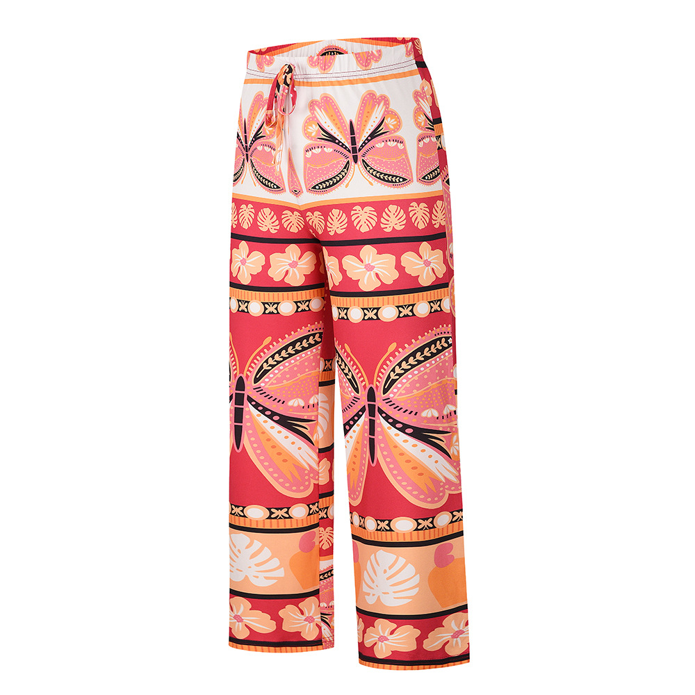 pantalones de playa rectos con estampado de pernera ancha y cintura alta de verano NSHYG118518