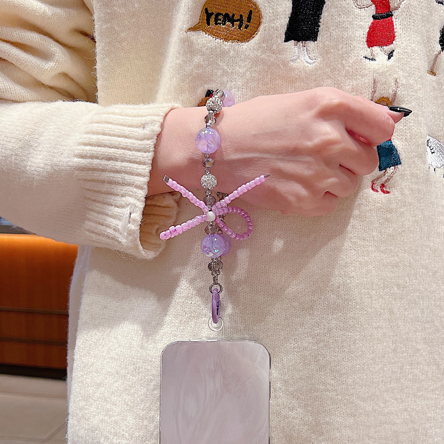 Verano creativo diamantes de imitación cristal con cuentas bowknot funda para teléfono móvil cordón cadena corta moda todo fósforo bolso colgante