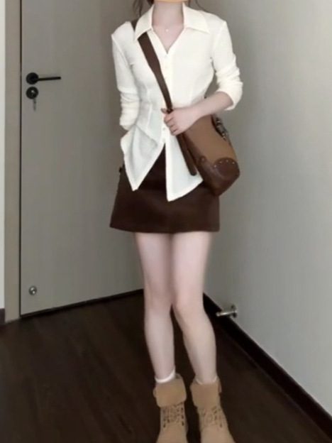 早秋穿搭小个子V领收腰法式别致长袖修身衬衫上衣女半身裙两件套|undefined