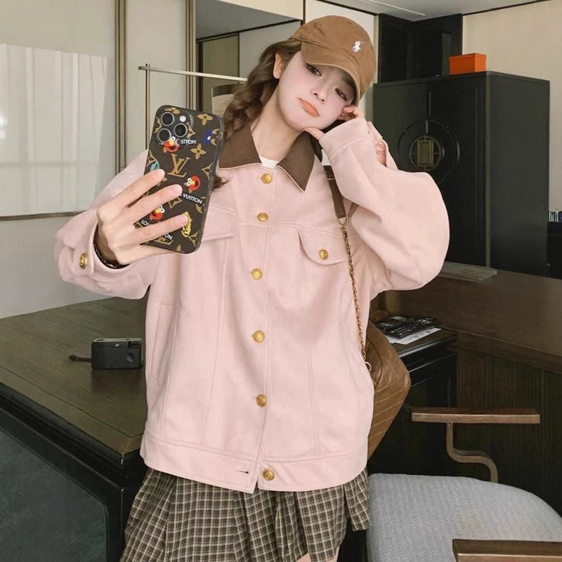 韩系粉色麂皮绒短外套女2025新款秋冬学院风翻领独特别致开衫夹克|undefined