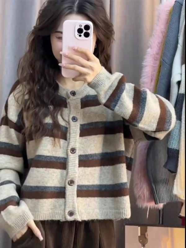 条纹毛衣外套女春秋款2025新款宽松慵懒风小个子短款针织开衫上衣|undefined