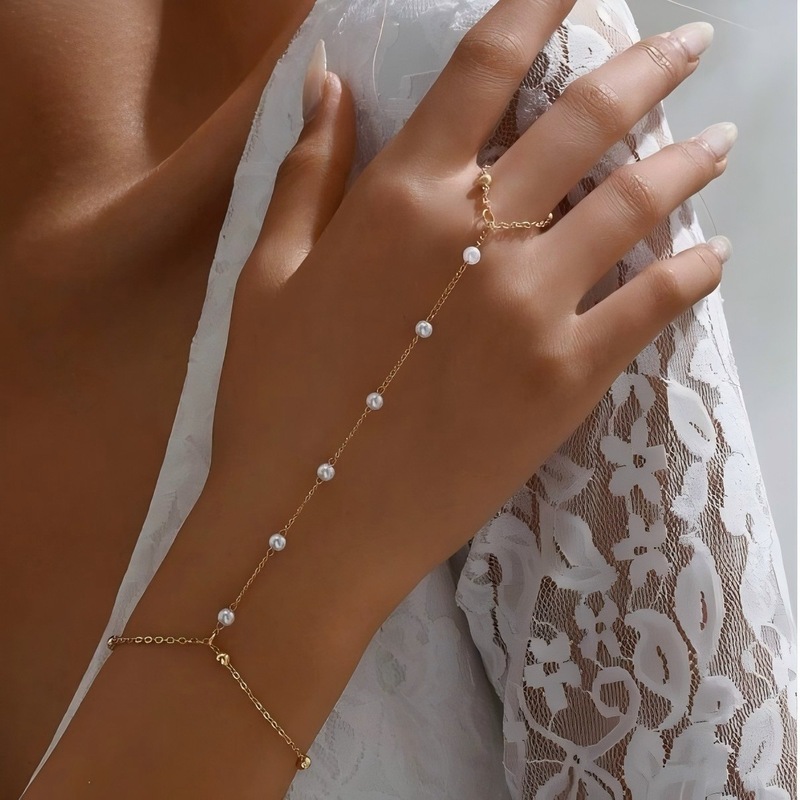 European and American Cross-border Chain Bracelet Simple White Pearl Bracelet Multi-layer Finger Chain Alloy Finger Jewelry