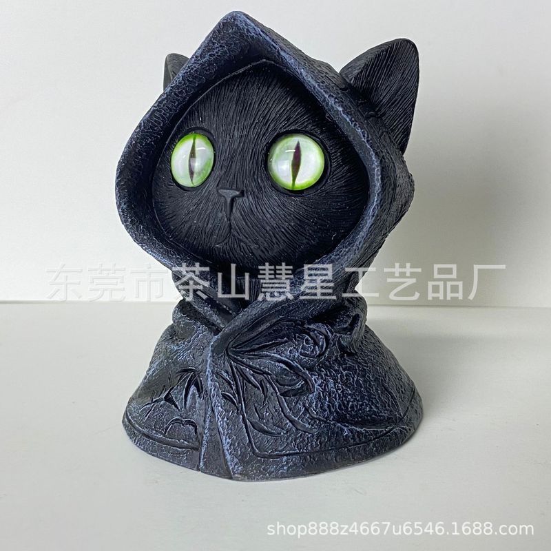 跨境新品Mysterious Hooded Cat Fiqurine身披斗篷哥特式黑猫雕像|undefined
