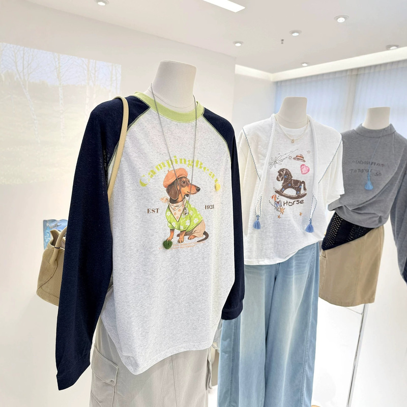 Contrast color raglan sleeve Korean-style cute casual dog print long-sleeve T-shirt for women, loose fit, slimming, versatile base shirt