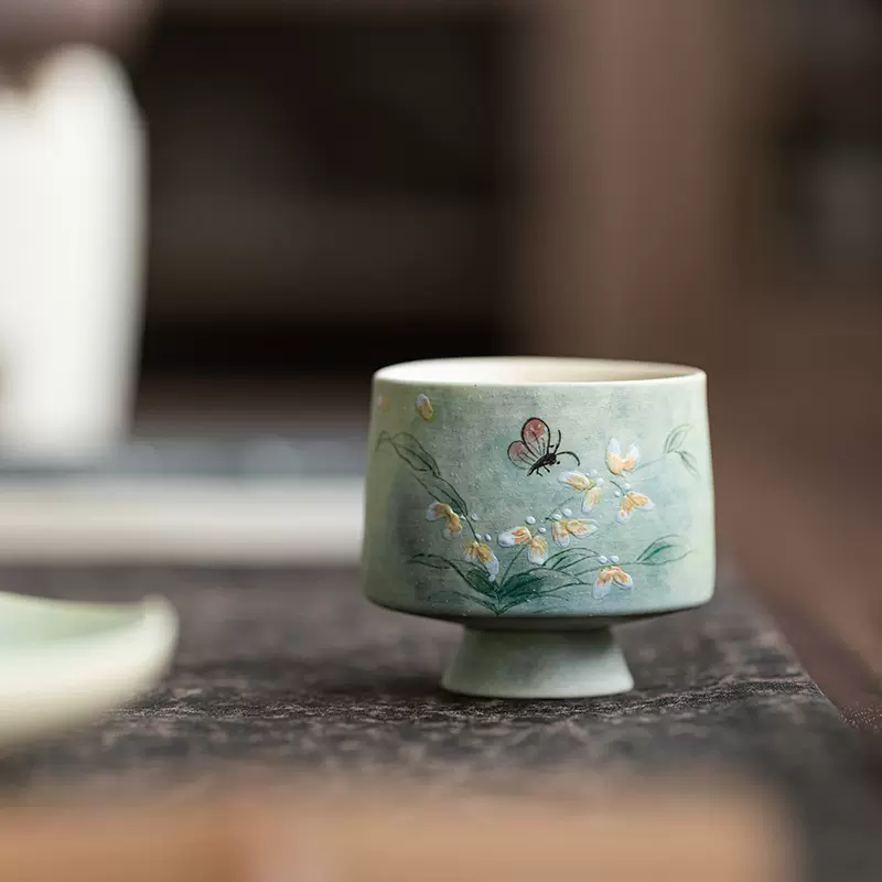 手绘文心兰陶瓷茶杯下午茶主人杯女士精致高脚杯中式品茗杯田园风