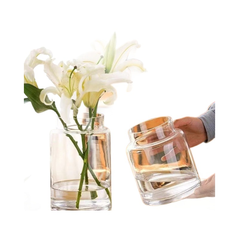 Decoración de vasos de flores para la sala de estar, vidrio ligero de lujo, alta calidad, mesa de comedor retrógrada transparente, rosa hidropónica baja, boca ancha