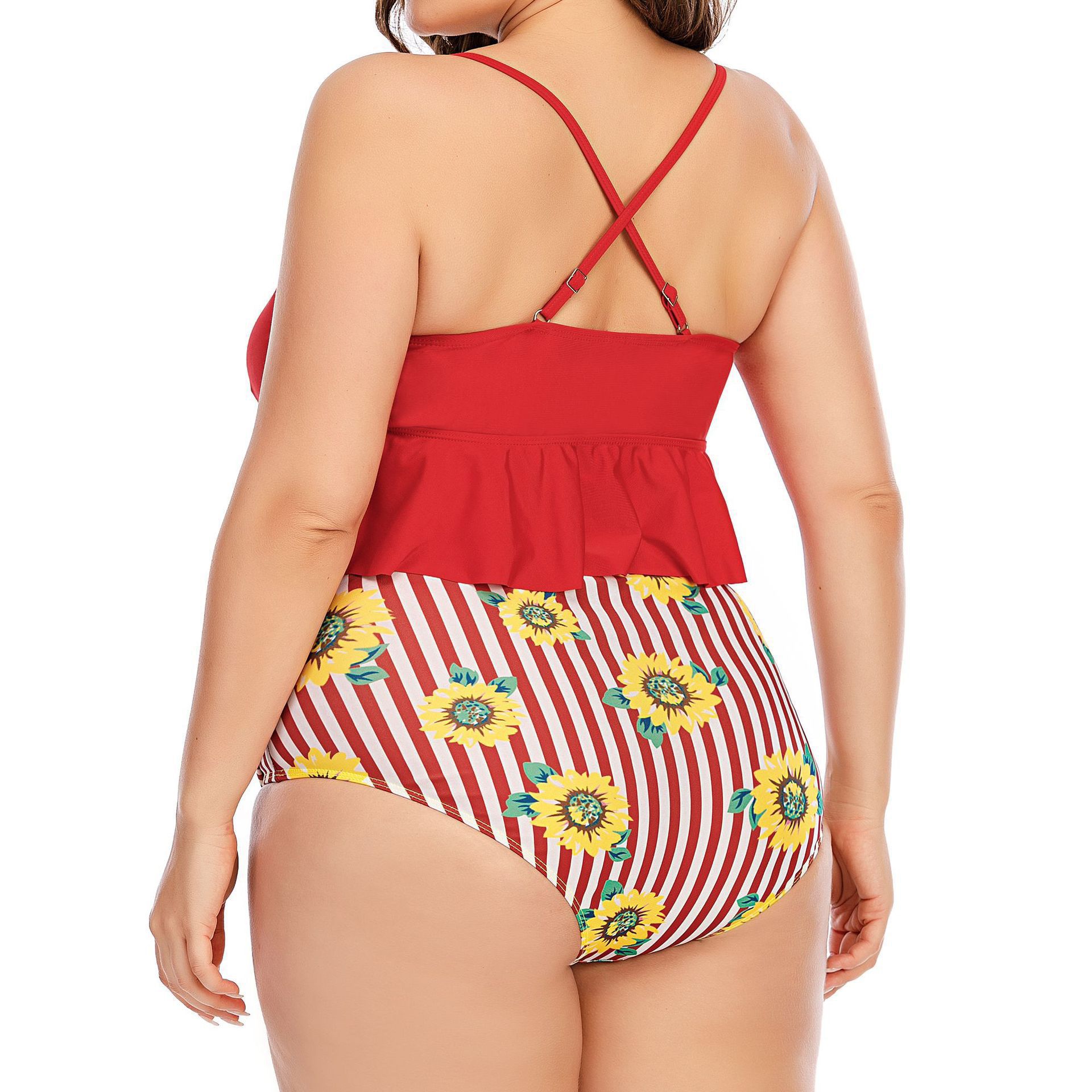 Conjunto de dos piezas de bikini con volantes cruzados y cintura alta con estampado de tallas grandes NSJHD124955