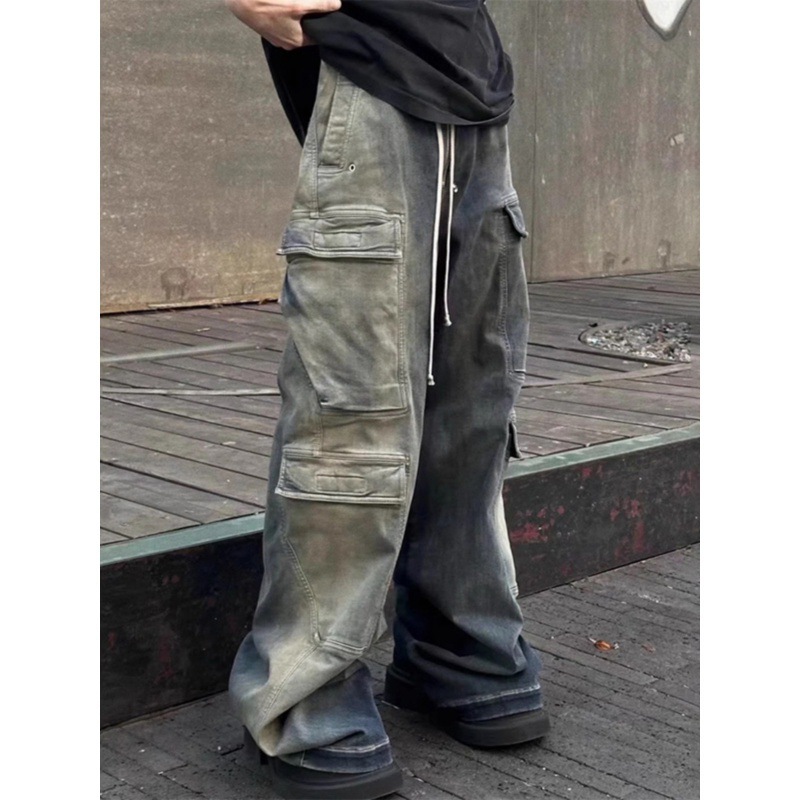 American-style Washed Old Pocket Tooling Jeans Men's Spring and Summer New Loose Casual All-match Wide-leg Pants