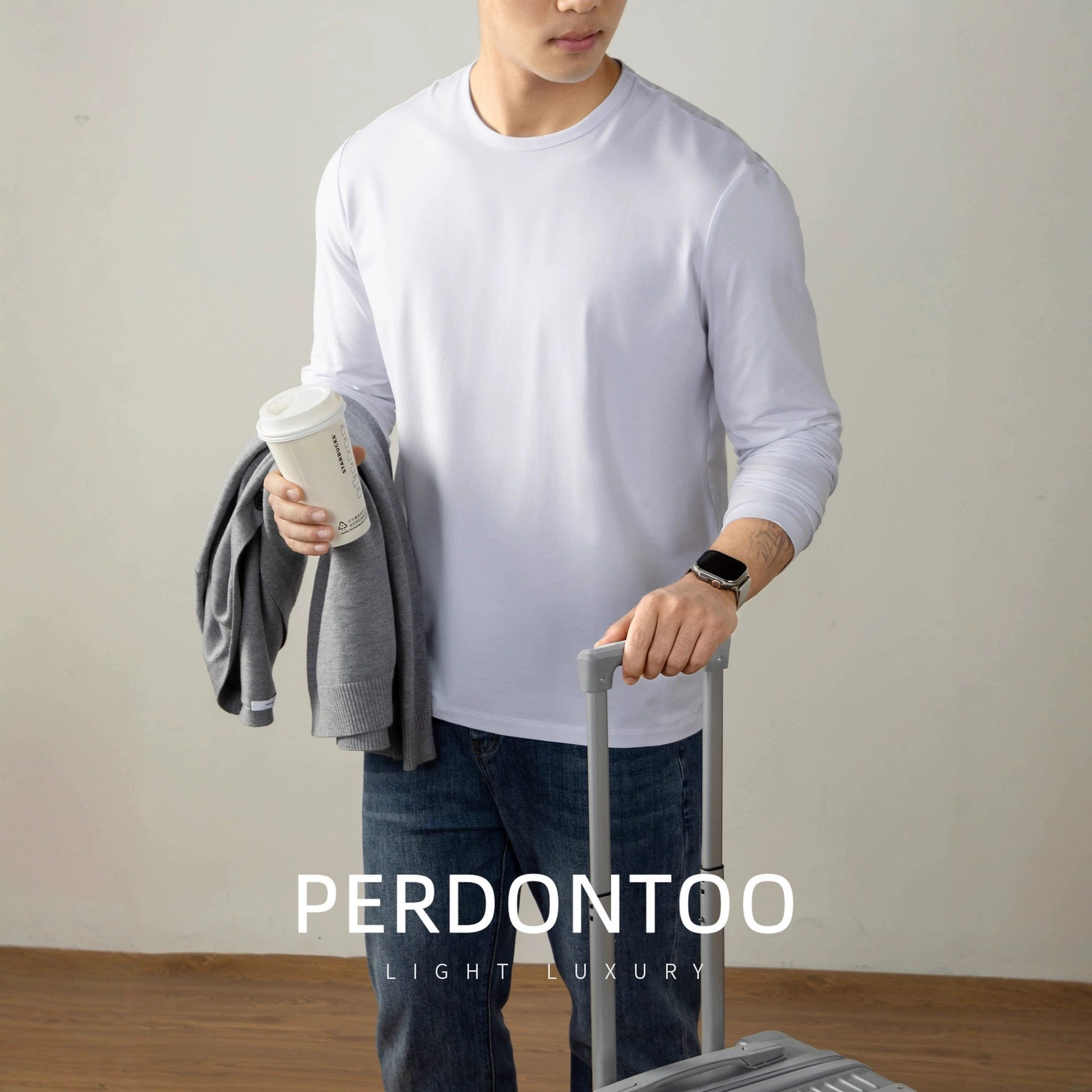 【Серия Light Luxury】Мужская футболка с длинным рукавом из хлопка Lenzing Modal 60S, высококачественная, приятная для кожи, люксовая базовая рубашка для мужчин