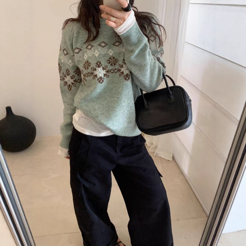 All Wool Retro Snowflake Jacquard Round Neck Pullover Wool Knitwear Korean Women's Clothing G1607
