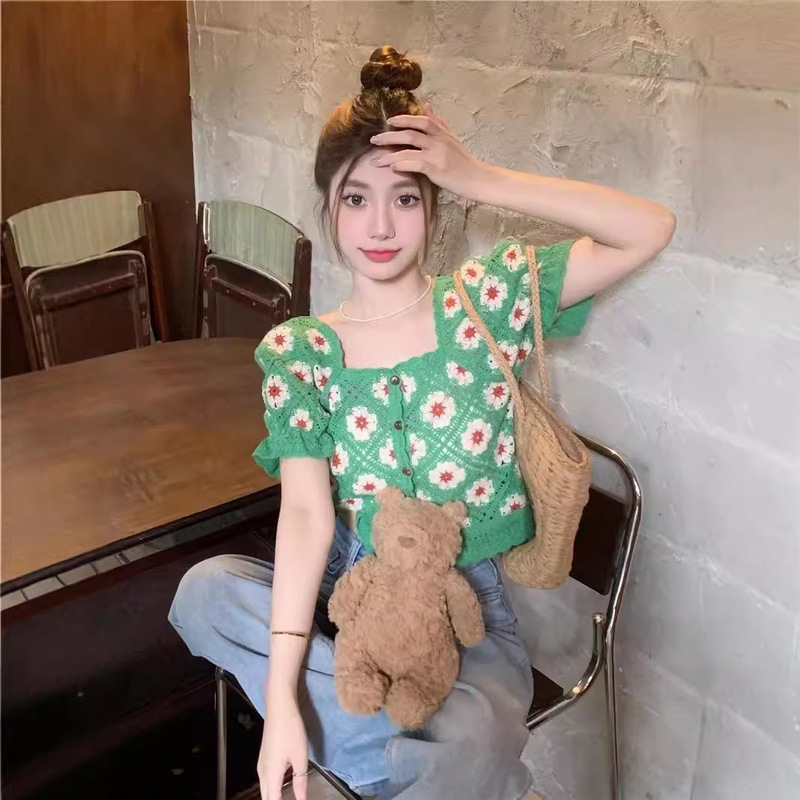 1 pc Sunset Crochet Sunflower Hollow Short Square Collar Knitted Cardigan Slim-fit Slimming Short-sleeved Top