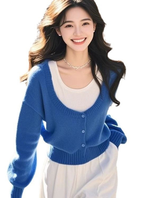 洋气减龄上衣蓝色假两件针织衫女2025春季新款今年流行的漂亮毛衣|undefined