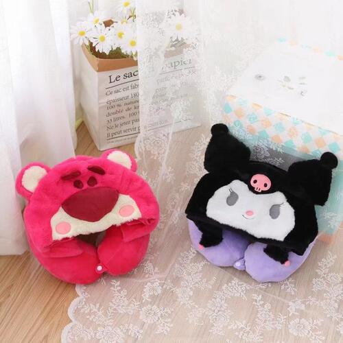 Cute Kuromi Strawberry Bear Multifunctional Hooded U-shaped Car Pillow Blackout PP Cotton Travel Aircraft Nap Neck Pillow