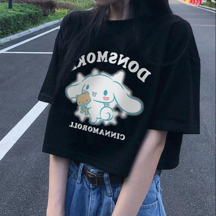 Pure Cotton Back Bag Collar Japanese Style Sweet Cinnamon Dog Printed Short Sleeve Summer New T-Shirt Women's Navel Short Loose
