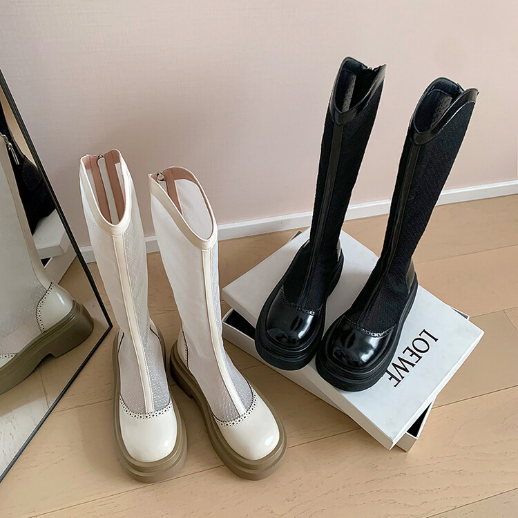 Boot lưới da thật cổ cao mũi tròn đế dày phối màu thoáng khí mùa hè — Màu đen cổ ống lớn, Ống nhỏ màu đen, Chu vi ống lớn màu trắng Be, Ống nhỏ màu be chi tiết 4