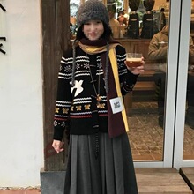 慵懒风毛衣开衫女春秋新款白鸽提花牛角扣针织衫外套宽松软糯上衣