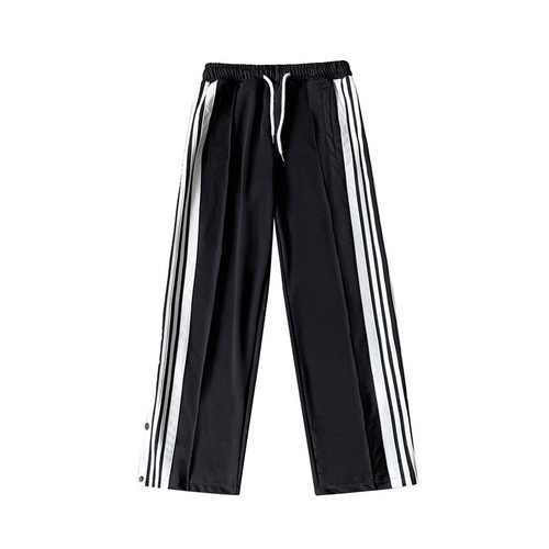 Ins-style streetwear side-button wide-leg pants for men, loose-fitting, versatile, student-friendly, straight-leg autumn trend—striped, ankle-tied sweatpants