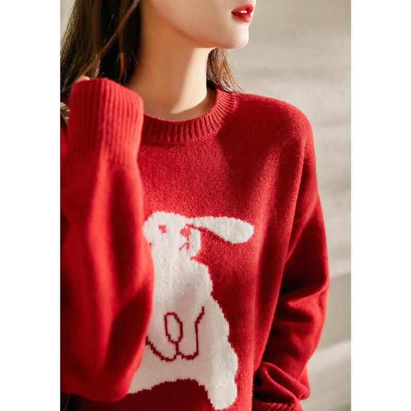 Age-reducing Comfort Soft Age-reducing Hundred-tower Crewneck Shoulder Sleeve Cute Funny Rabbit Jacquard Wool Sweater for Autumn and Winter