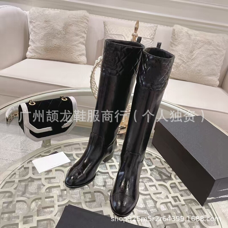 高端2025秋冬小香风真皮圆头拼色菱格粗跟侧拉链高筒弹骑士靴长靴|undefined