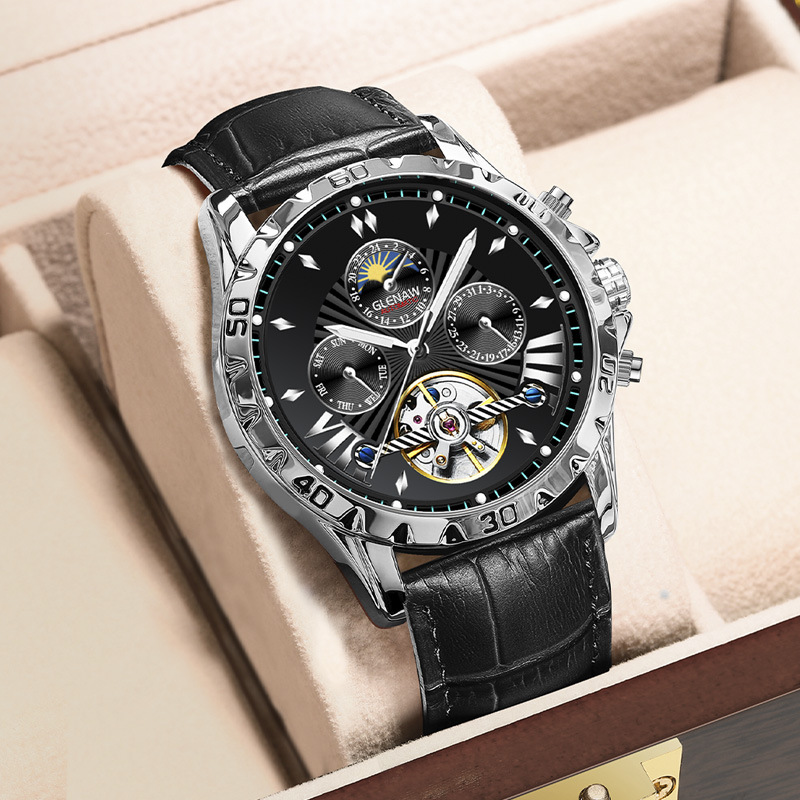 Đồng hồ nam automatic skeleton lộ máy Glenn – dây da/dây thép, chống nước, dạ quang