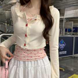 甜美套装爱心纽扣针织开衫女夏季减龄印花挂脖吊带两件套