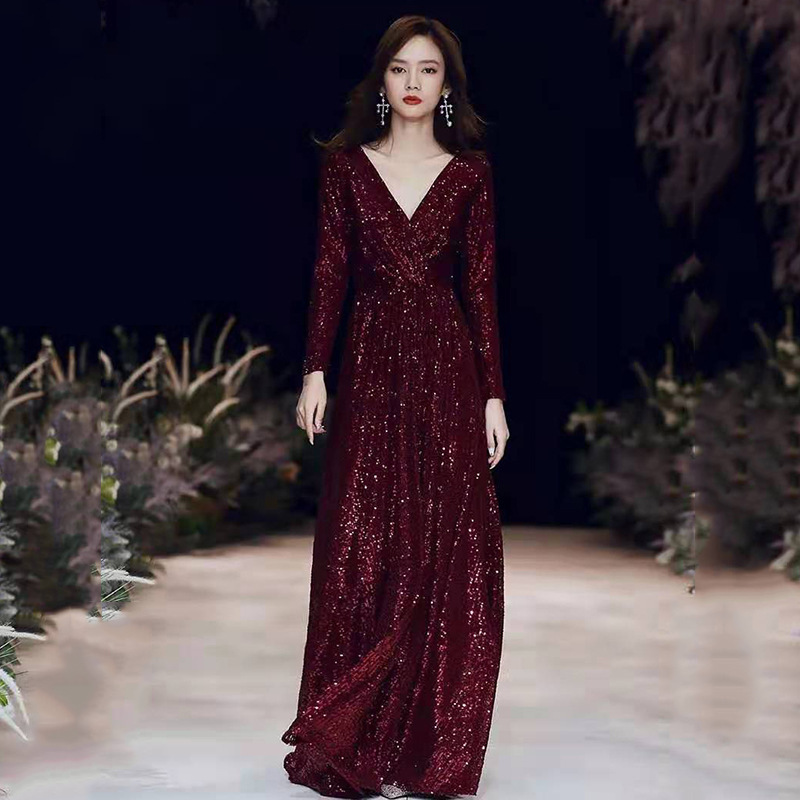 Large Choir Dress Red Sequin French Accessible Luxury Niche Host Banquet Elegant Long Long-Sleeved Dress