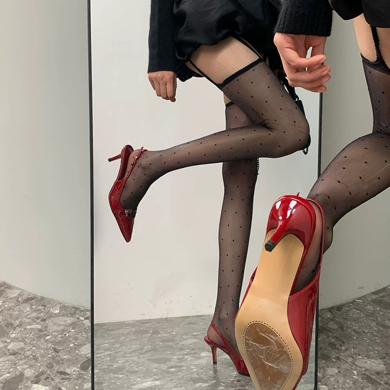 颜女郎波点黑丝袜吊带过膝袜女防勾丝耐穿超薄款黑丝0D高透不钩丝|undefined