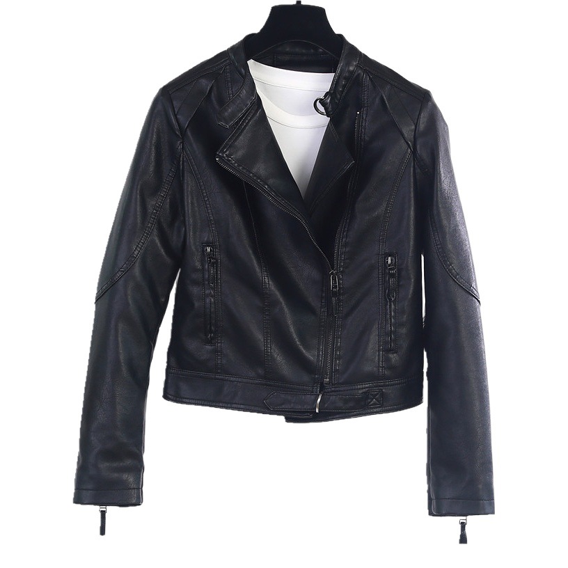 2026 Spring and Autumn Women's Leather Jacket, Stand Collar Slim Fit Pu Washed Leather Biker Style Versatile Short Jacket
