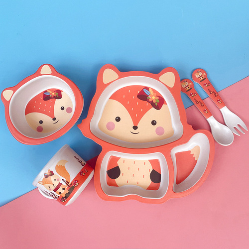 Bamboo fiber animal children's tableware set infant food bowl baby eating grid plate dinner plate spoon fork cup