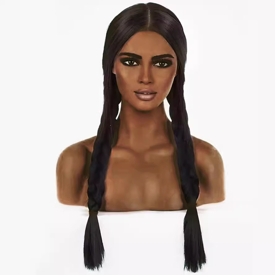 Peluca de cosplay de anime trenzada con doble cola de caballo, estilo Wednesday, negra, de pelo largo y con flequillo completo, para exportación, para las fiestas navideñas