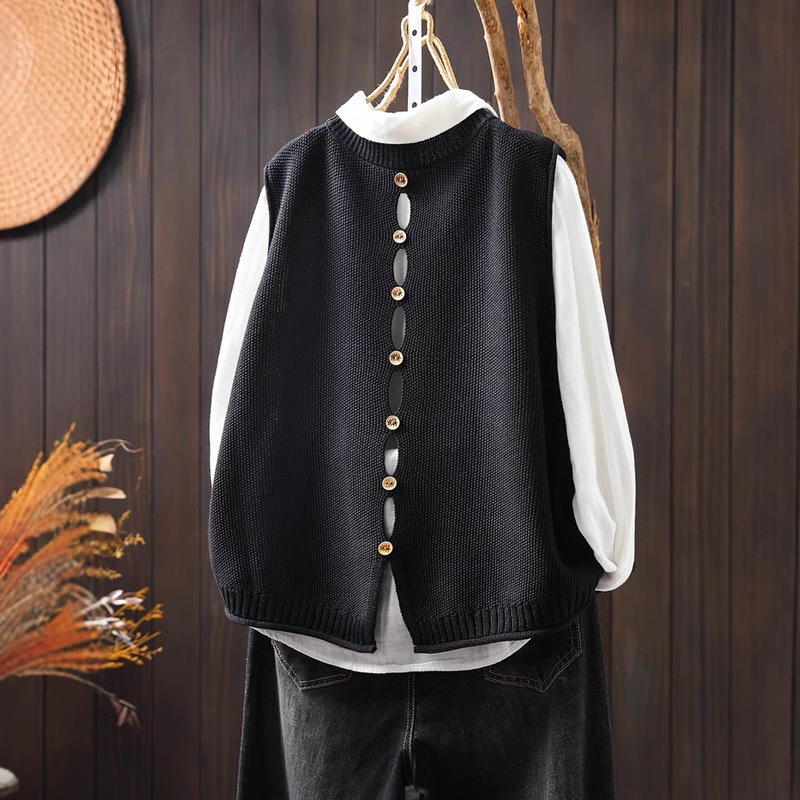 Back Button Cotton Knitted Vest Women's Loose Large Version Meat Covering Vest Spring Casual All-match Sleeveless Waistcoat Back Button Cotton Knitted Vest Women's Loose Large Version Meat Covering Vest Spring Casual All-match Sleeveless Waistcoat