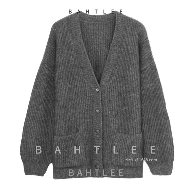 Пальто демисезонное, длинный фонарик, вязаный кардиган, oversize, V-образный вырез, средняя длина, увеличенная толщина