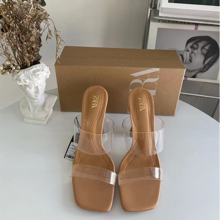 ZA New 2023 Export Square Toe Stiletto Versatile High Heels Women's Back Empty Slingback Trendyy Transparent Fashion Sandals for Women