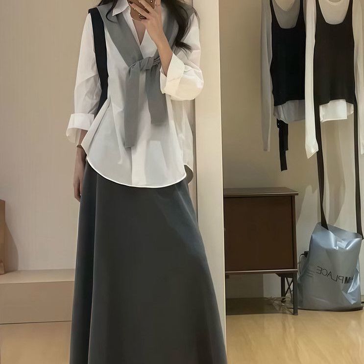 韩系休闲套装宽松长袖翻领衬衫女秋季高腰修身半身裙字裙两件套|undefined