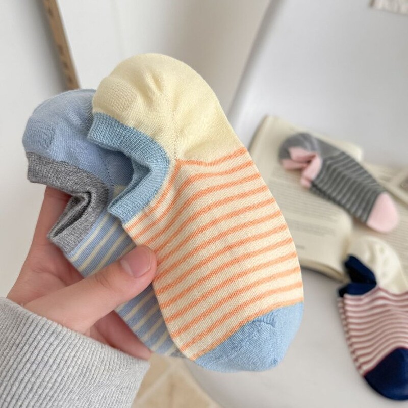 Spring and Summer Socks for Women, Striped Korean-Style Cotton Women's Boat Socks, Invisible Socks, Breathable Sweat-Absorbent Casual Socks