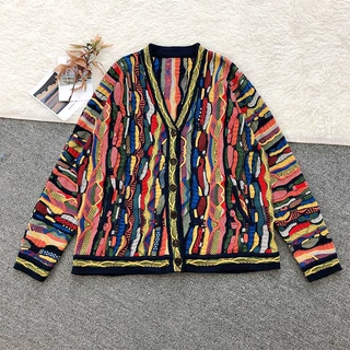 彩色条纹油画风格国风复古韩版针织印花百搭宽松开衫背心潮女上衣