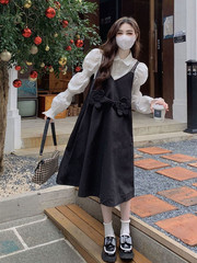 春秋季法式赫本风长袖黑色背带连衣裙女衬衫设计感显瘦长裙子套装