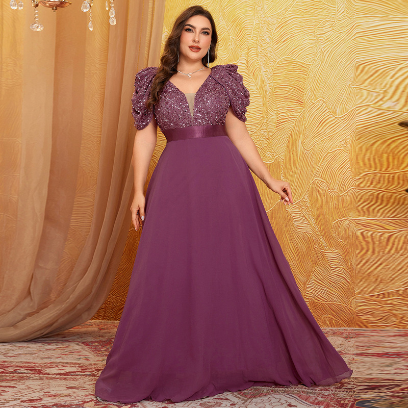 Cross-border elegant plus-size women's dress with V-neck, puffy sleeves, sequin detailing, waist-cinching, and a large hem for evening and party occasions Cross-border elegant plus-size women's dress with V-neck, puffy sleeves, sequin detailing, waist-cinching, and a large hem for evening and party occasions