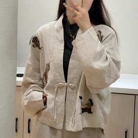 文艺休闲刺绣亚麻外套女2026秋季新款纯色V领长袖简约百搭宽松上