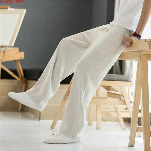 Linen Pants for Men - Summer Thin Casual Long Trousers for Spring and Autumn, Straight Leg Sports Pants with Chinese Style, Loose Cotton and Linen Men's Trousers