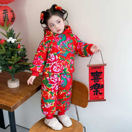 女童加绒加厚棉服套装新款时髦东北风年服儿童保暖冬装宝宝大花袄