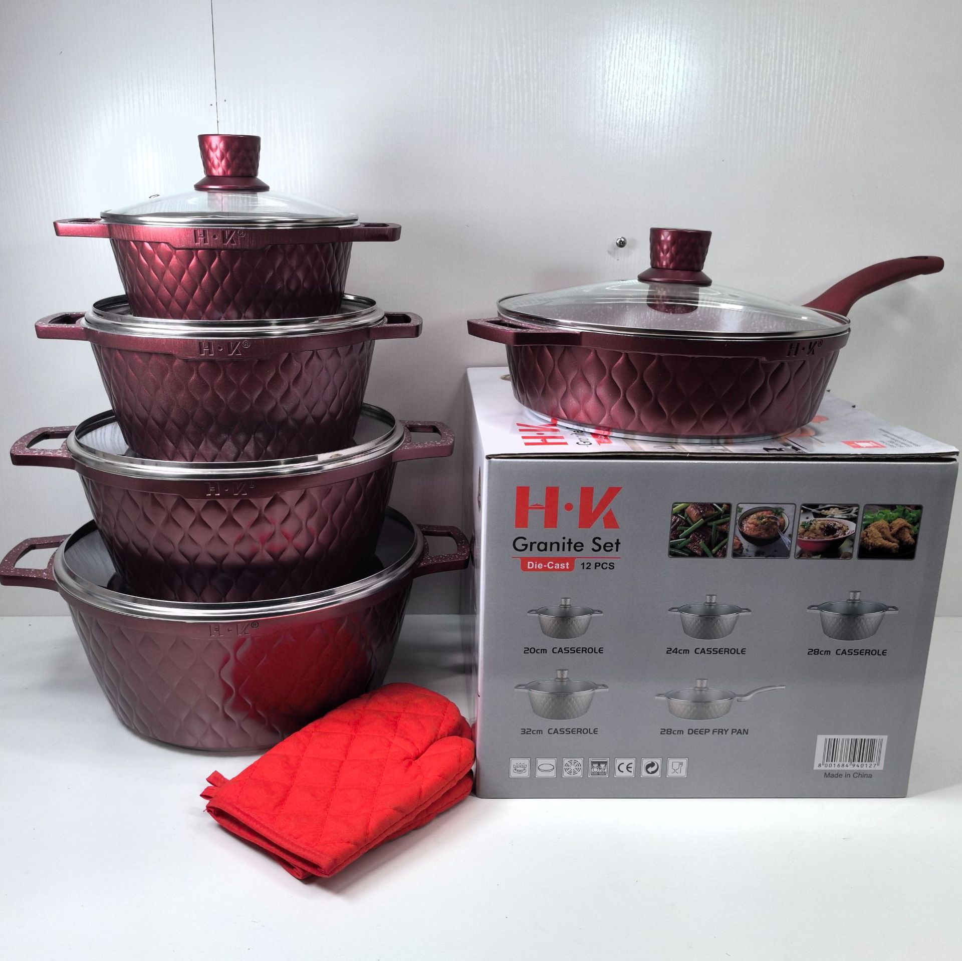 Juego de utensilios de cocina antiadherentes HK de 12 piezas con sartén profunda, olla para sopa, olla de piedra Maifan fundida a presión, wok, revestimiento cerámico.