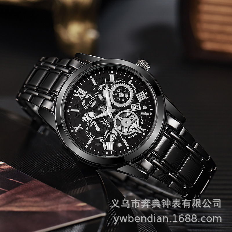 Cross-Border Foreign Trade Trendy High-End Light Luxury Versatile Fully Automatic Quartz Luminous Waterproof Roman Skeleton Men's Watch