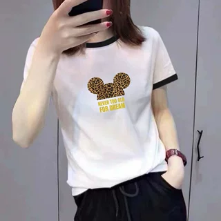 专柜撤回外贸撞色领卡通印花短袖T恤女百搭显瘦妈妈装中年女装